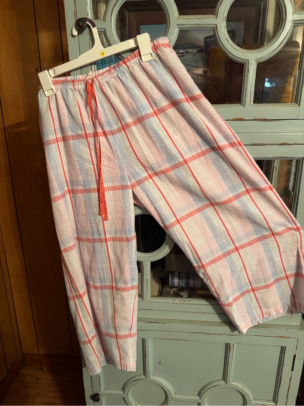 HUE Coral White Plaid Ladies Lightweight Elastic w  Drawstring Crop Pants XL B4